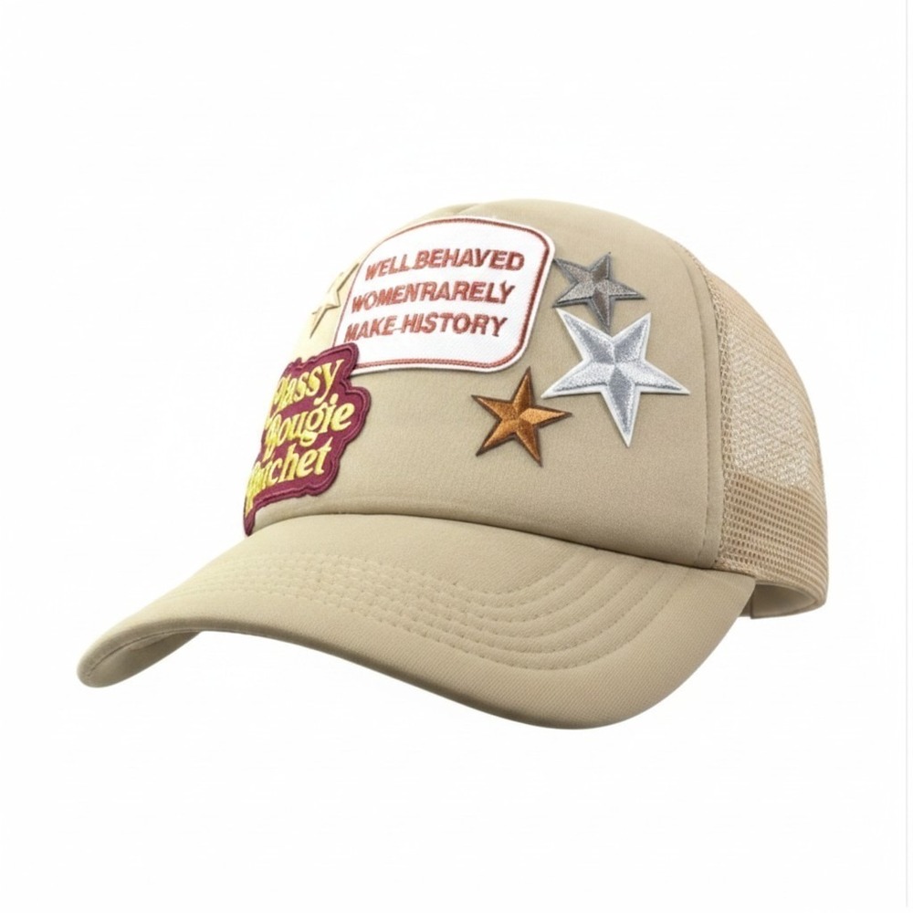 Ellie & Fuel Trucker Hat Beige Patchwork Snapback One Size Mesh Back‎ BNWOT